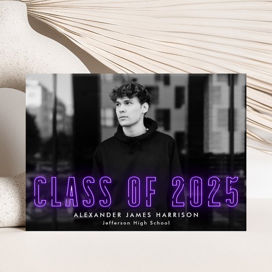 Moderne Paarse Neon Class of 2023 Photo Afstuderen Aankondiging