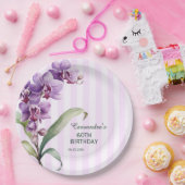 Moderne Paarse Orchidee Stripes Bloemen 60ste Verj Papieren Bordje (Feest)