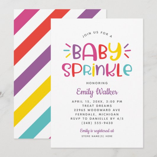 Moderne Paarse Regenboog Baby Meisje Shower Borrel Kaart (Voorkant / Achterkant)