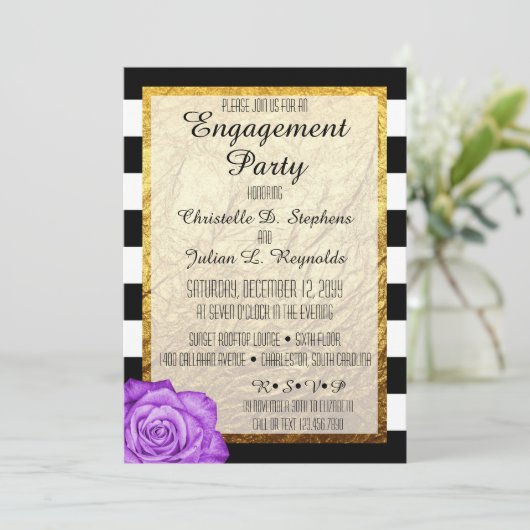 Moderne Paarse Roos Faux Gold Foil Verlovingsfeest Kaart (Staand voorkant)