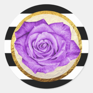 Moderne Paarse Roos Faux Gouden Folie Gestreepte B Ronde Sticker
