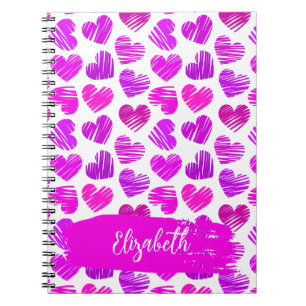 Moderne Paarse Roze Doodled Hearts Valentijn Naam Notitieboek