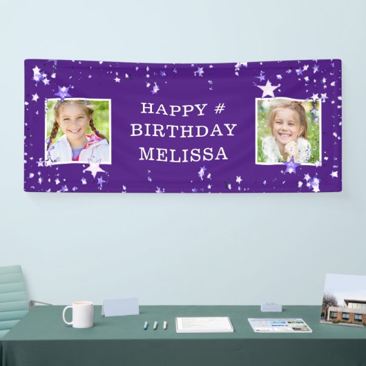 Moderne Paarse sterren Elke leeftijd Verjaardag Fo Spandoek (Beurs)