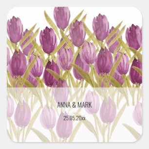 Moderne paarse tulpen in waterverftechniek vierkante sticker