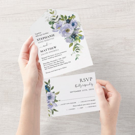 Moderne Paarse Waterverf van Stusty Floral Wedding All In One Uitnodiging (Afscheurbaar)