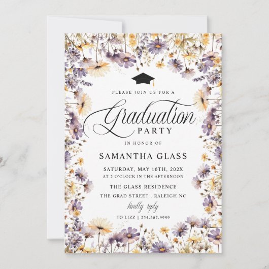 Moderne Paarse Wildbloemen Fotoafstudeerfeest Kaart (Voorkant)