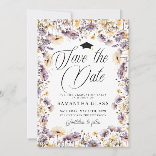 Moderne Paarse wilde bloemen redden de datum Afstu Kaart (Voorkant)