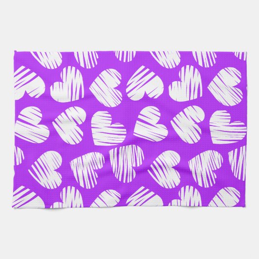 Moderne Paarse Witte Doodle Hart Valentijnsdag Theedoek (Horizontaal)