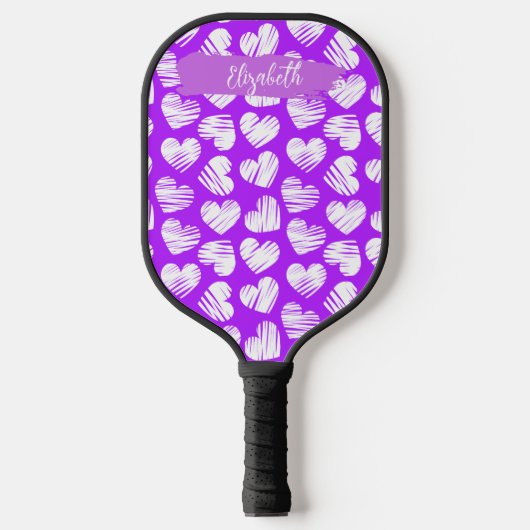 Moderne Paarse Witte Tekening Hart Valentijn Naam Pickleball Paddle (Voorkant)
