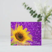 Moderne Paarse zonnebloempels voor bruiloft Save The Date (Staand voorkant)