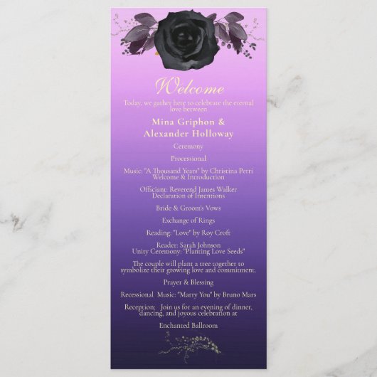 Moderne Paarse Zwarte Roos Goth Foto Bruiloft Programma (Voorkant)