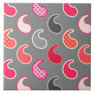 Moderne Paisley-patroon, koraal, roze op grijs / g Tegeltje