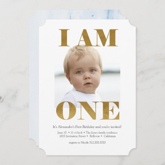Moderne Pale Blue + Or 1er anniversaire Invitation (Devant / Derrière)