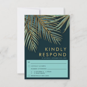 Moderne Palm Gold Blauwgroen Strand Bruiloft Maalt RSVP Kaartje