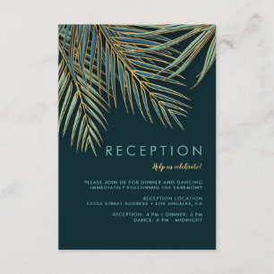 Moderne Palm Gold Groene Tropische Strand Bruiloft Informatiekaartje