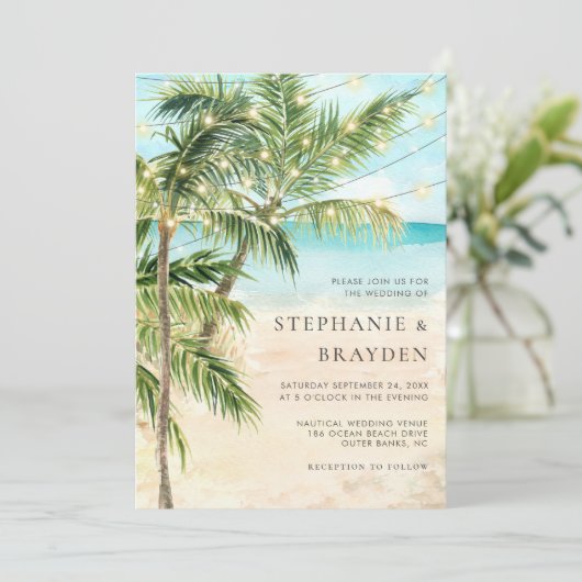 Moderne Palm Tree Lights Tropische strand bruiloft Kaart (Staand voorkant)