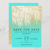 Moderne palmboom goud aqua save the date kaart (Voorkant / Achterkant)