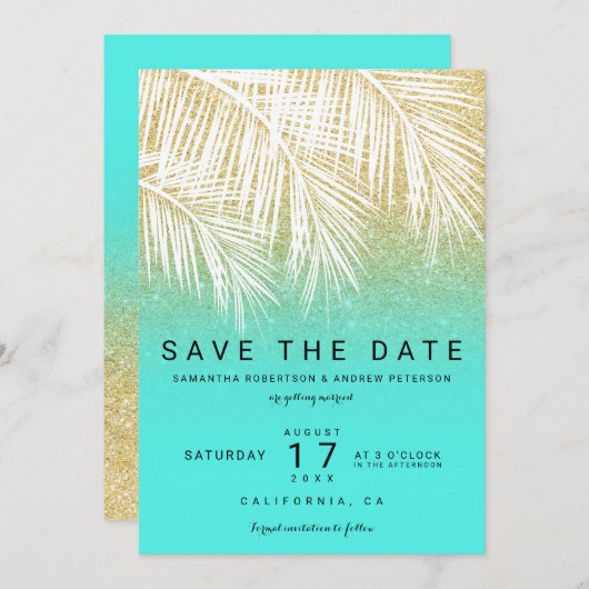 Moderne palmboom goud aqua save the date kaart (Voorkant / Achterkant)