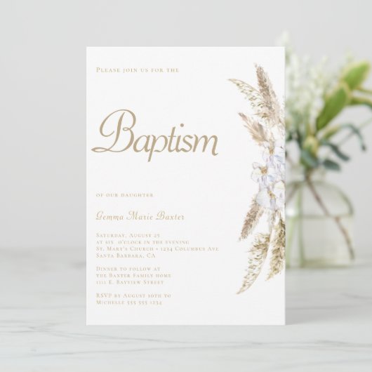 Moderne Pampas gras wit goud doop uitnodiging (Staand voorkant)