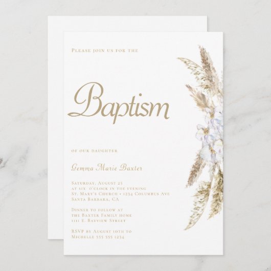 Moderne Pampas gras wit goud doop uitnodiging (Voorkant / Achterkant)