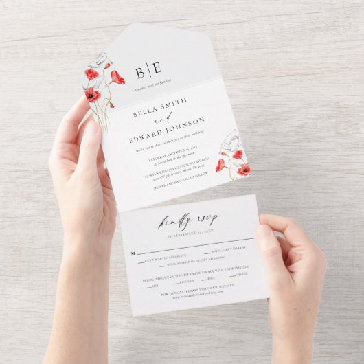 Moderne papaver rode bloemen monogram bruiloft all in one uitnodiging (Afscheurbaar)