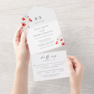 Moderne papaver rode bloemen monogram bruiloft all in one uitnodiging