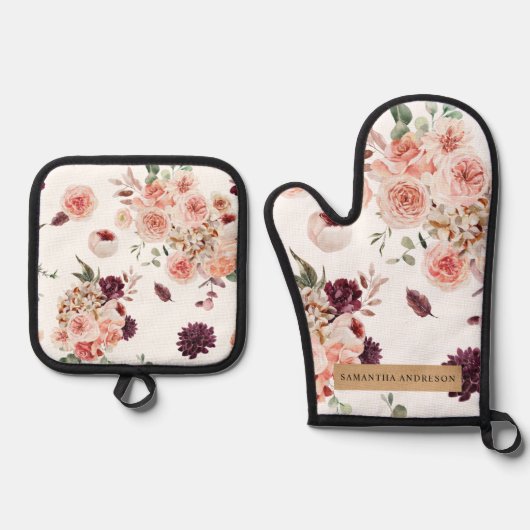 Moderne pastbloemen en gepersonaliseerde Kraft-cad Ovenwant & Pannenlap Set