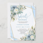 Moderne pastel blauw wit bloemen zoet 16 invite kaart (Voorkant)