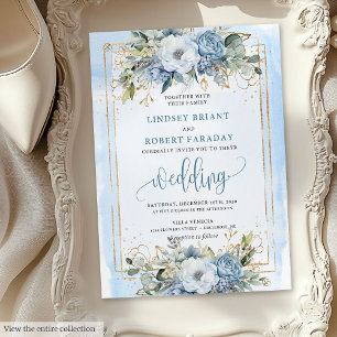 Moderne Pastel Blauwe Witte Gouden Bloemen Bruilof Kaart
