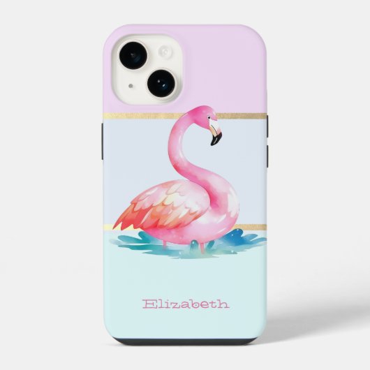 Moderne pastel gestreept, roze flamingo's iPhone hoesje (Achterkant)