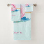 Moderne Pastel Gestreepte, Roze Flamingo's Bad Handdoek (Insitu)