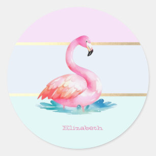 Moderne Pastel Gestreepte, Roze Flamingo's Ronde Sticker