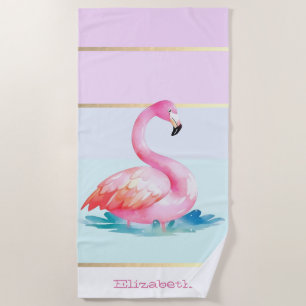 Moderne Pastel Gestreepte, Roze Flamingo's  Strandlaken