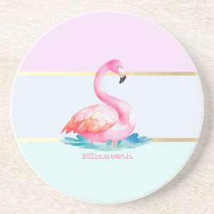 Moderne Pastel Gestreepte, Roze Flamingo's Zandsteen Onderzetter