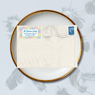 Moderne Pastel Gingham Regenboog Baby Shower Feest Etiket