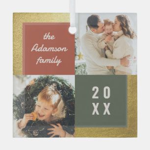 Moderne Pastel & Gouden Kerstmis 2 Fotocollage Glas Ornament