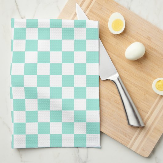 Moderne Pastel Mint Groen en Wit Geruit Theedoek (Quarter Fold)