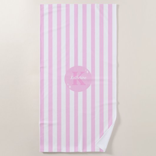 Moderne pastel roze monogram vrouwelijk gestreept strandlaken (Voorkant)