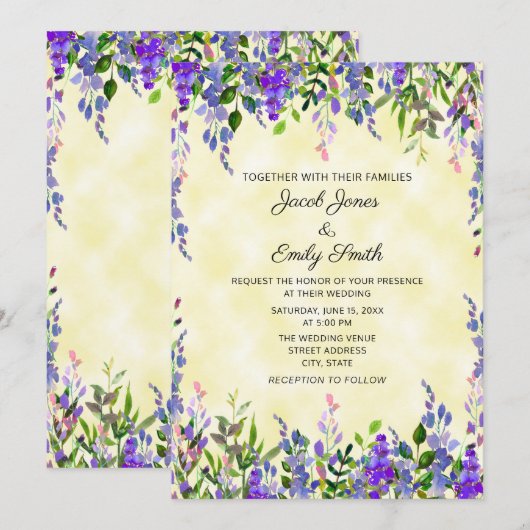 Moderne pastel Waterverf lavender Yellow Wedding Kaart (Voorkant / Achterkant)