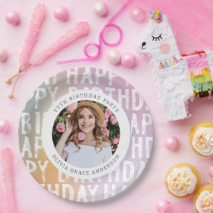 Moderne pastelroze fotoverjaarfeest papieren bordje