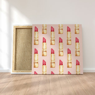 Moderne pastroze en rode lipstick, meisje canvas afdruk
