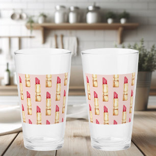 Moderne pastroze en rode lipstick, meisje glas