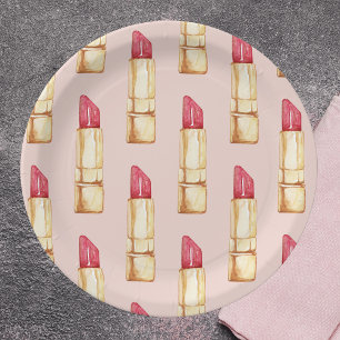 Moderne pastroze en rode lipstick, meisje papieren bordje