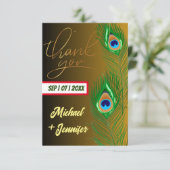 Moderne pauwenveer gouden zwarte aangepaste bruilo bedankkaart (Staand voorkant)