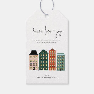 Moderne Peace Love & Joy-kerststad Cadeaulabel