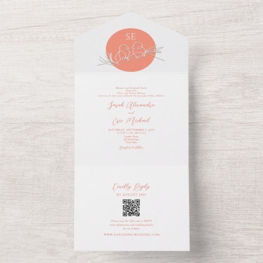 Moderne Peach Lovebirds Monogram bruiloft All In One Uitnodiging (Binnen)