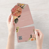 Moderne peach mimosa Floral roze QR-code All In One Uitnodiging (Afscheurbaar)