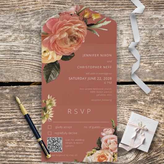 Moderne peach mimosa Floral Rust QR Code All In One Uitnodiging