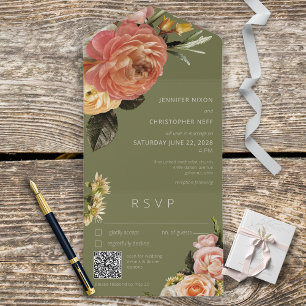 Moderne peach mimosa Floral Sage Green QR Code All In One Uitnodiging