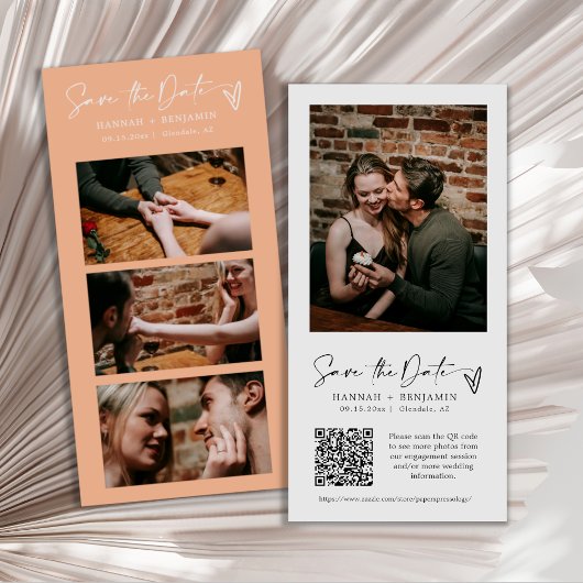 Moderne Peach Photo Booth Strip QR-code Save The Date